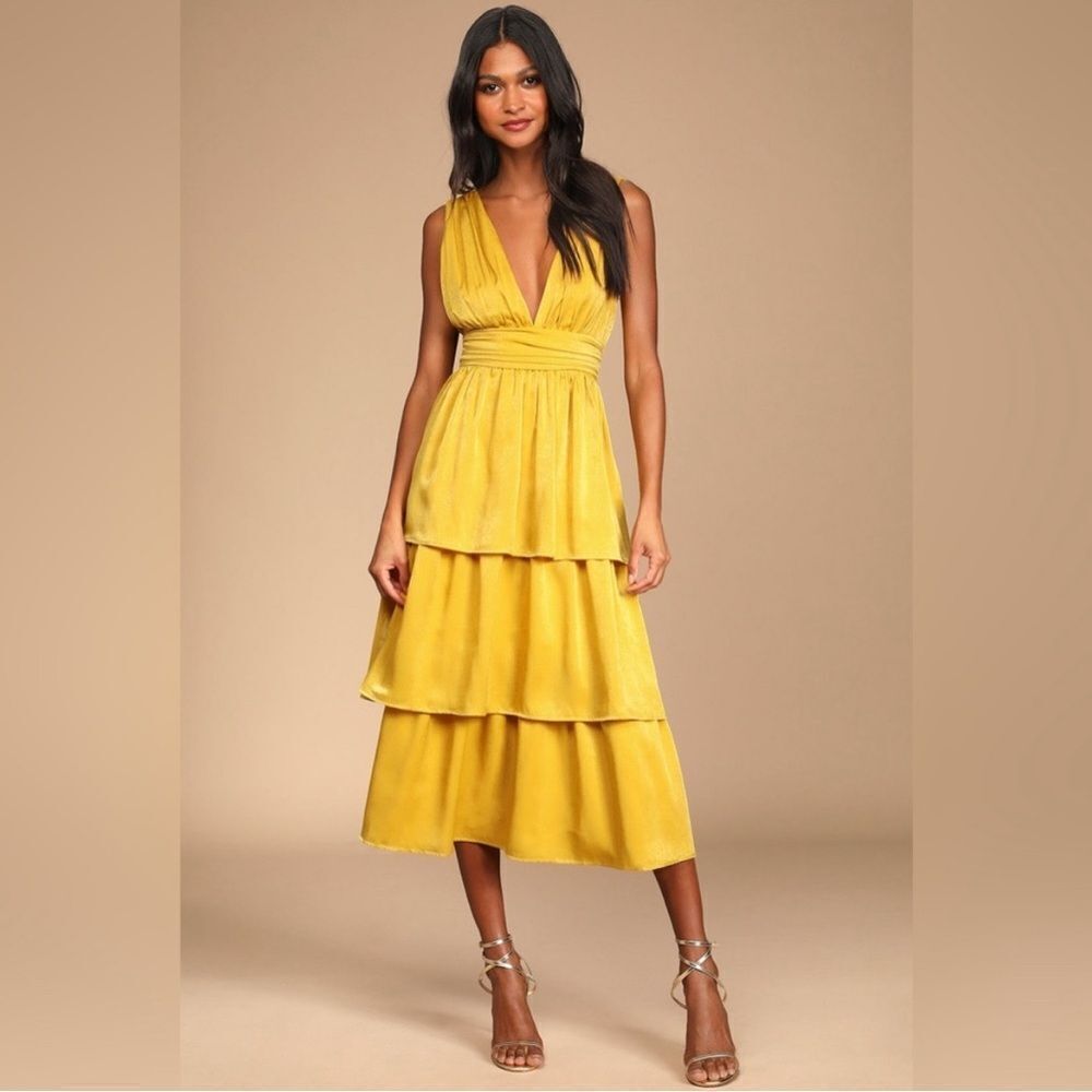 Lulu's Mustard Yellow Tiered Midi Dress